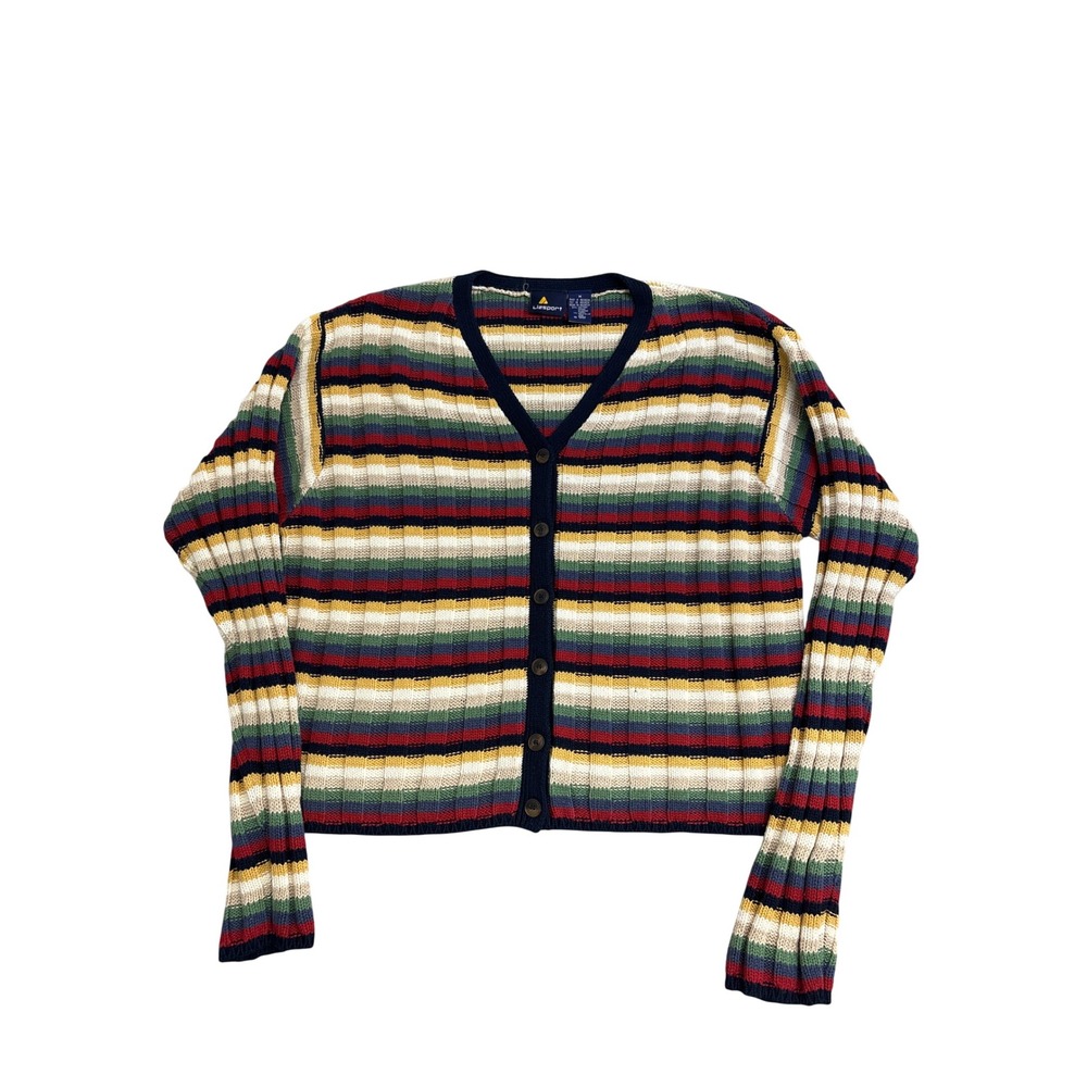 Lizsport Vintage Multi Color Striped Ribbed Knit Cardigan Sweater Women Medium